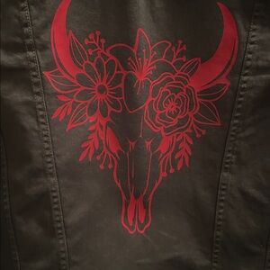 Moto Jeans VGUC iron on transfer added, green denim jacket, front pockets